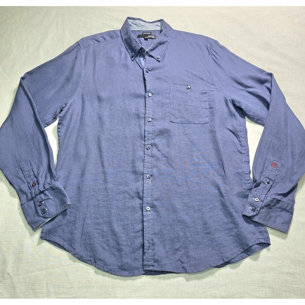 Harve‎ Benard Pure Linen Shirt Mens Large Blue Button Down Long Sleeve HBM118